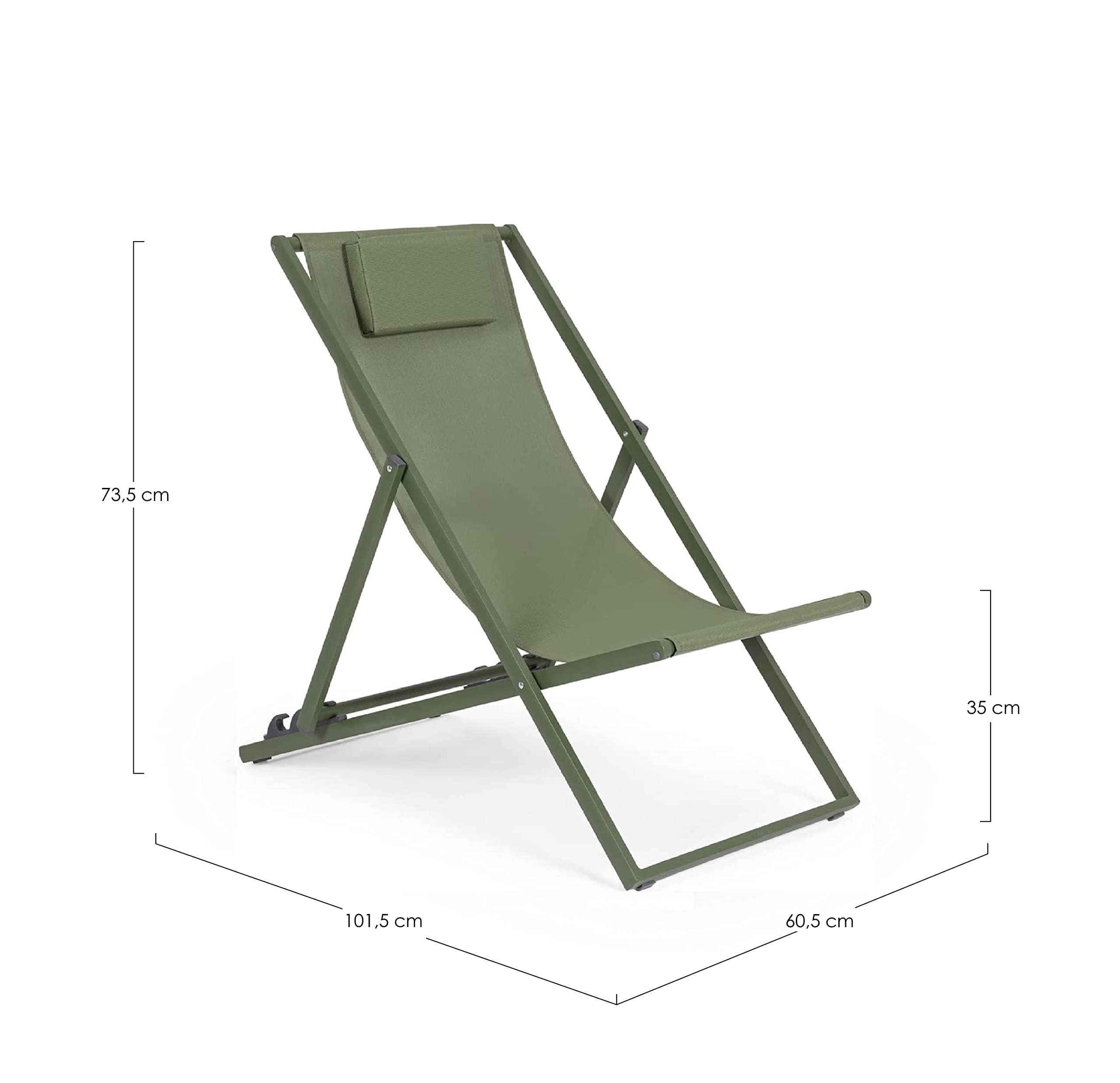 Sedia A Sdraio Pieghevole In Alluminio Verniciato Verde, Telo In texilene, Schienale Reclinabile 3 Posizioni, 60 x 101 x 35 Cm Per Giardino E Piscina