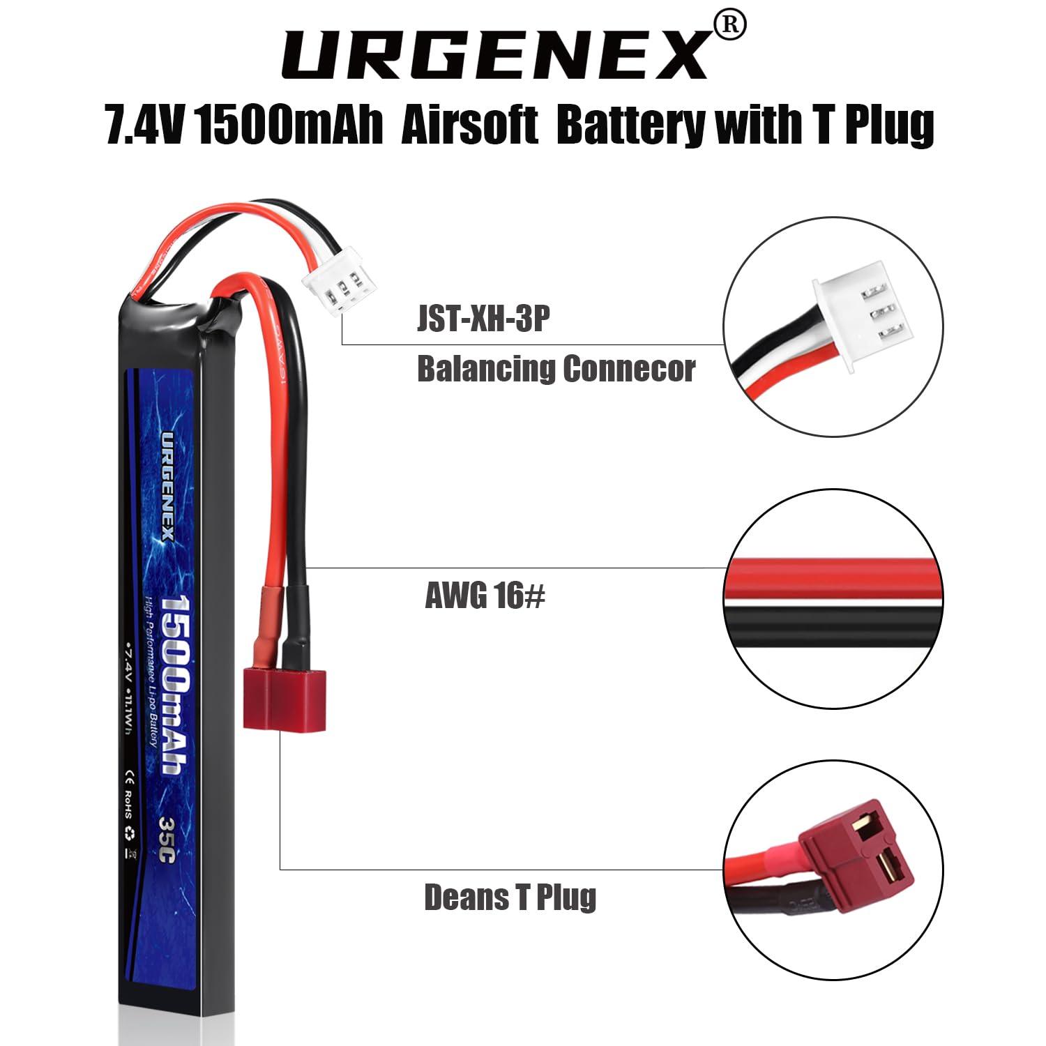 Airsoft - Batería de polímero de litio (7,4 V, 1500 mAh, 35 C, incluye tapón en T recargable 2S, batería de polímero de litio para pistolas de airsoft model)