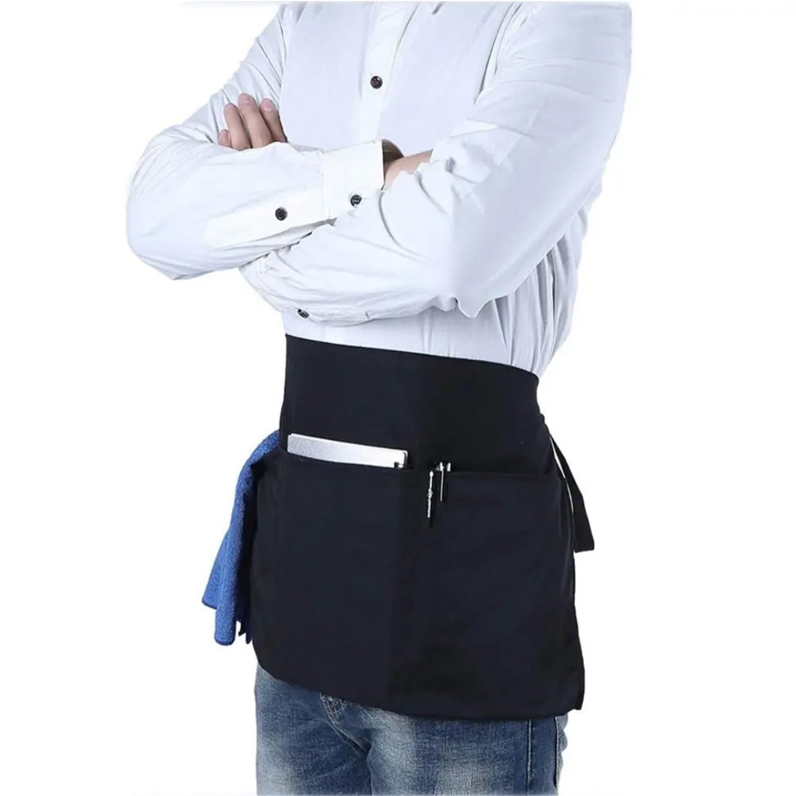 Delantales de cintura Delantal pequeño corto de moda,cintura con 3 bolsillos, medio camarera impermeable negro