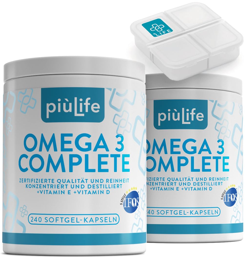 Omega 3 IFOS 5 Sterne Zertifiziert PiùLife mit Vitamin D3 & E – 480 Softgel | Fischöl EPA DHA 800 mg & 400 mg pro Tagesdosis, Omega 3 Kapseln hochdosiert für Herz, Gehirn, Augen, Knochen