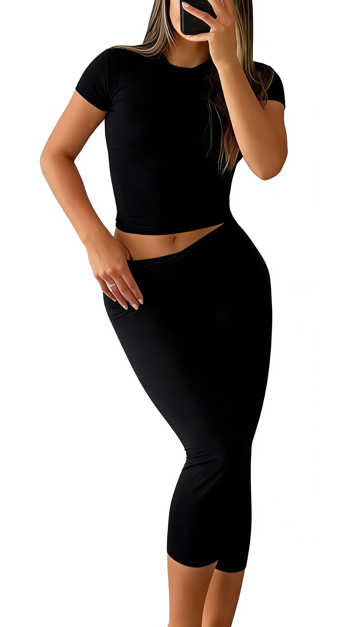 Women's 2-Piece Activewear Set Fitted Short-Sleeve Crop Top & Capri Leggings Stretchy Soft Fabric for Yoga Gym Lounge-image-30