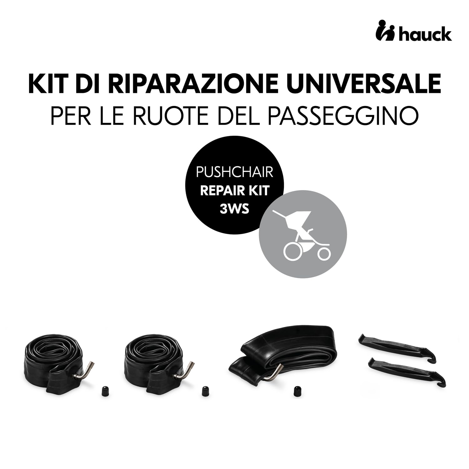 hauck Kit Riparazione Gomme per Passeggini 3 Ruote - 2 Camere D'Aria da 12" e 1 da 10" e Leve Cacciagomme - Kit Riparazione Ruote Per Passeggino come il Rapid 3 Air di hauck - Nero