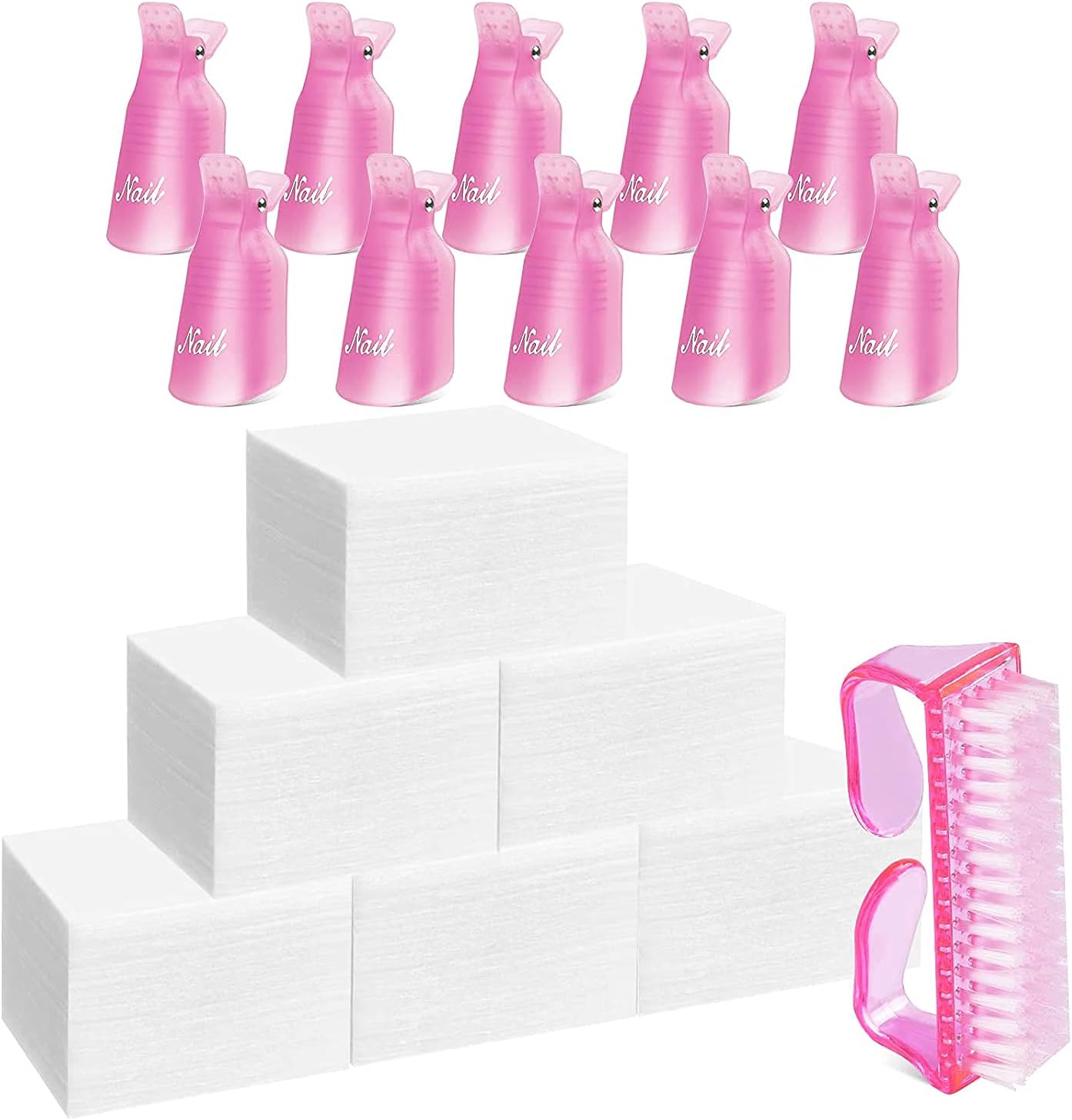 Gel Nail Polish Remover Clip Set, TsMADDTs Pink Finger Nail Clips for Polish Removal UV Gel Acrylic, Soak Off Caps with 600Pcs Cotton Lint-free Wipes, Brush