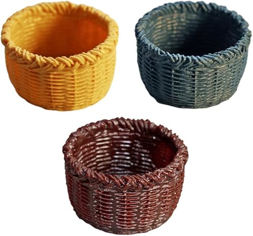Cesta de soporte para plantas en miniatura: Cabilock 3 piezas de casa de muñecas en miniatura, cesta tejida en miniatura, pequeña artesanía para