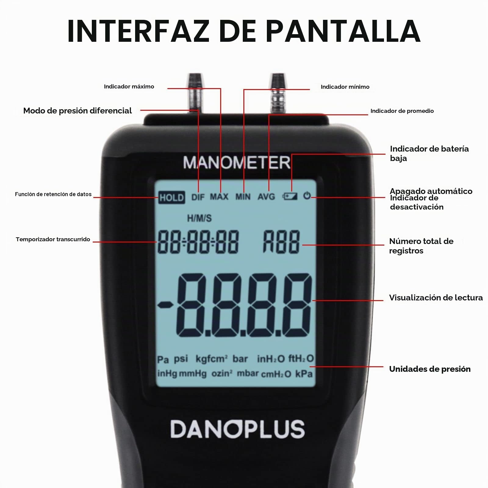 Manómetro Digital de Presión de Gas y Aire HVAC Con Función de Registro de Datos y Retroiluminación