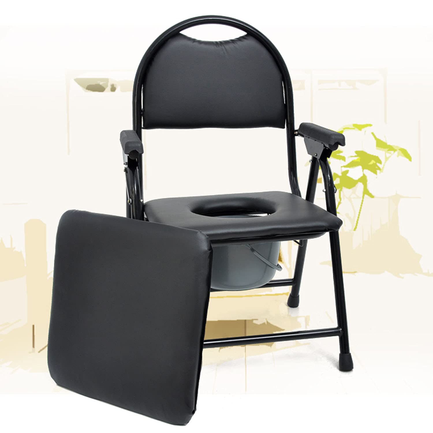 BHGFYXBS Commode Chair Commode Bedside Chair With Seat Padded - Folding Shower Chair With Bucket - Portable Camping Toilet Chair With Backrest And Armrest,