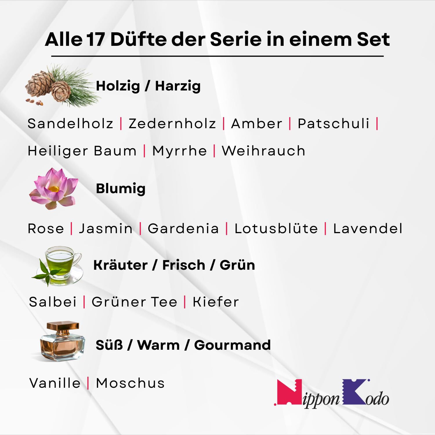 Morning Star Räucherstäbchen Set | Alle Düfte 17 x 50 Sticks | Japanische Räucherstäbchen Nippon Kodo ohne Holzkern für intensiven Duft, 850 Sticks mit Halterung