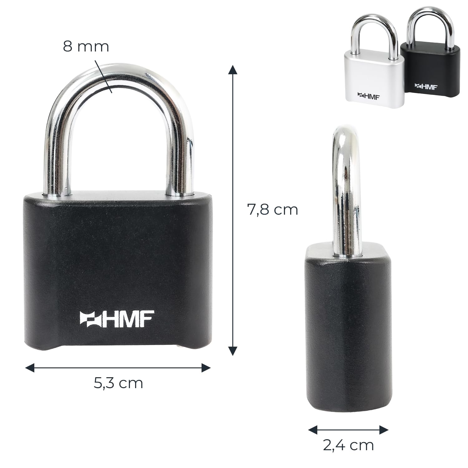 HMF Kłódka szyfrowa z zamkiem 3507-02, wytrzymały zamek z 4-cyfrowym kodem numerycznym ze stopu cynku | 5,3 x 2,4 x 7,8 cm | czarna