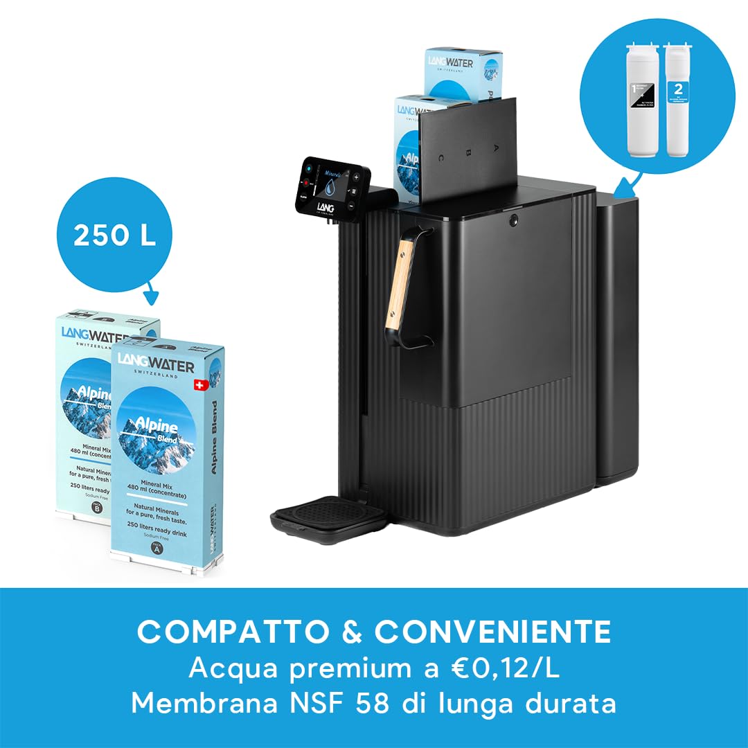 LANGWATER -Depuratore Acqua Domestico Portatile - Osmosi Inversa e Mineralizzazione - Senza Microplastiche - Senza Installazione - Erogatore di Acqua Calda - Con Filtri 2 packs Minerali, 1 Pesca