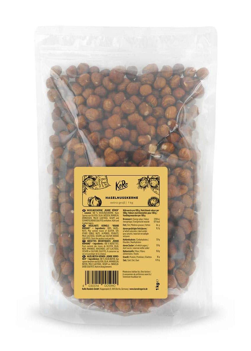 KoRo - Haselnusskerne 1 kg - Extra große Nüsse ohne Schale und ohne Zusätze mit aromatischem Eigengeschmack perfekt im Müsli oder zum Backen