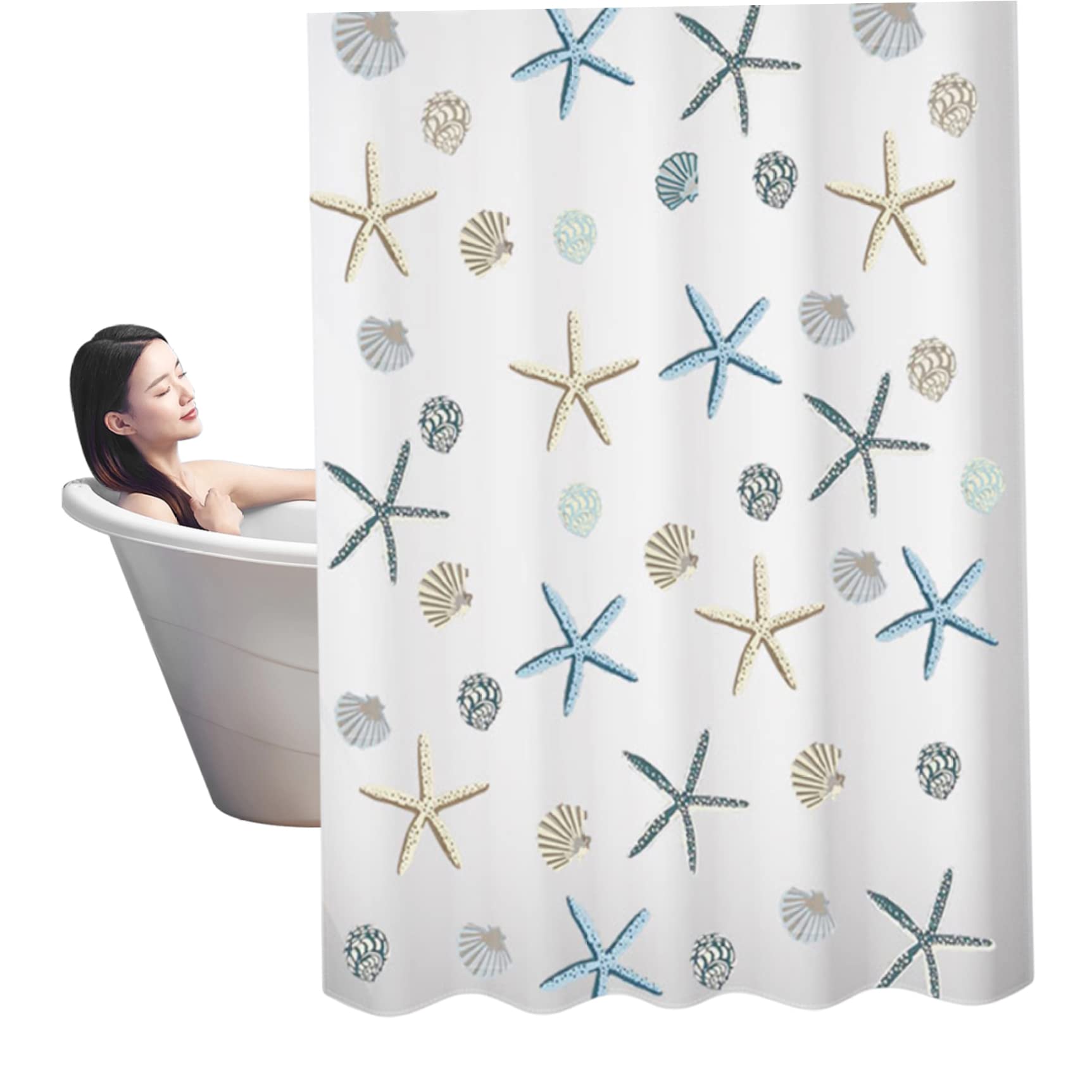 StaZamor 180x180cm Ocean Beach Shower Curtain with Seashell Print, Nautical Sea Theme Bathroom Curtain for Coastal Decor