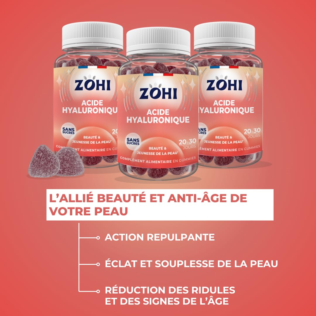 ZOHI - Coffret Compléments Alimentaires - Acide Hyaluronique - Cure de 3 Mois - 3 x 60 Gommes de Fruits Goût Framboise Pêche - 180 Gummies - Fabriqué en France