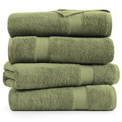 Image of LANE LINEN Bath Towel Set 100% Cotton 4 Piece Soft Absorbent - Oil Green