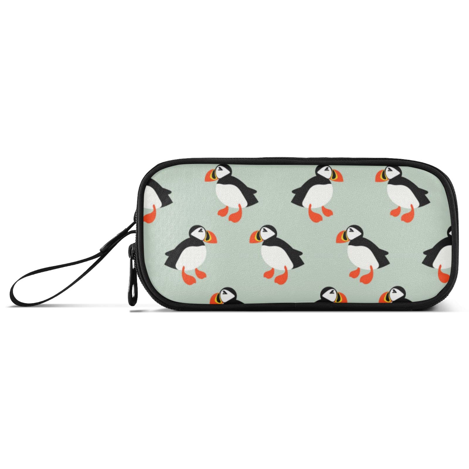 Atlantic Ocean Cartoon Puffin Seabird Large Pencil Case with 3 Compartments, Portable Pencil Pouch Pen Pencil Box with Handle, Pen Organizer Stationery Bag for Teen Girls Boy Women Men