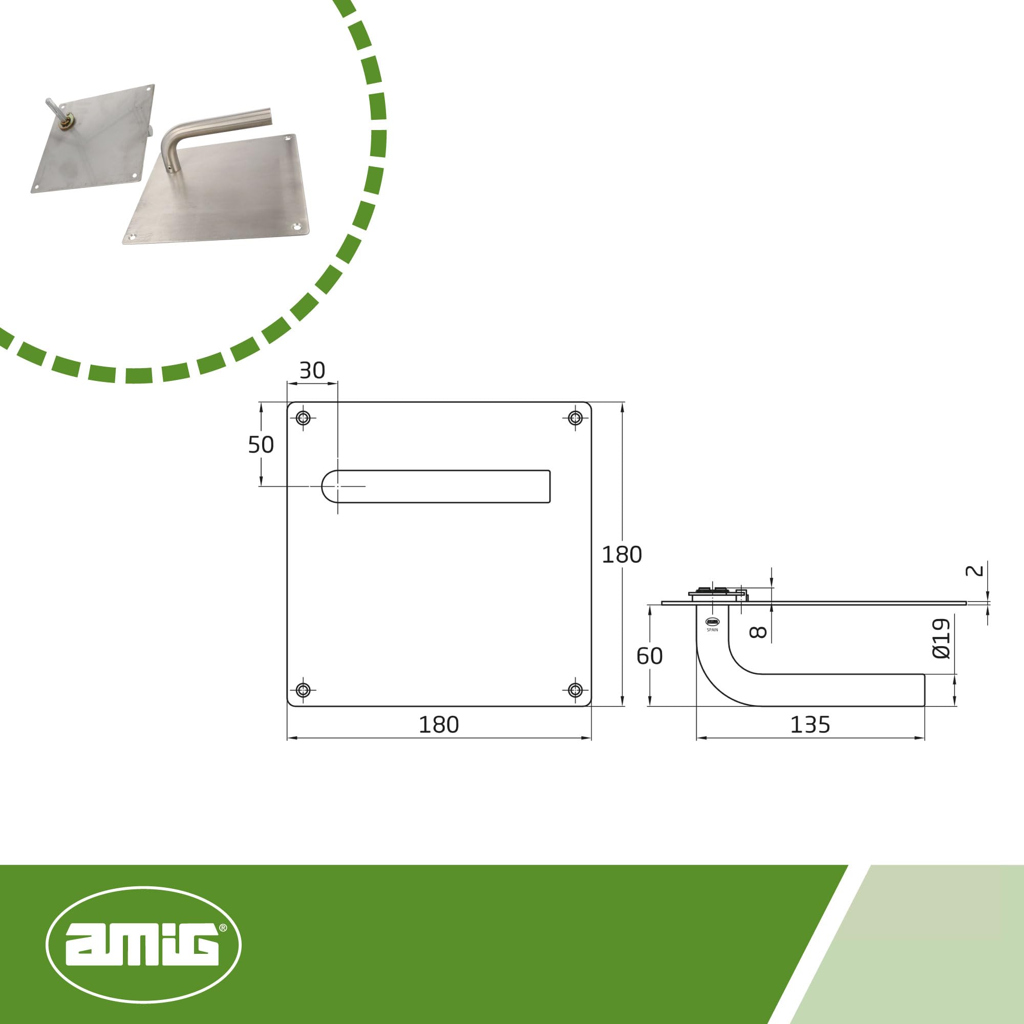 Amig - Türgriff-Set mit Platte | Mod. 4C | Edelstahl 18/8 | 180 x 180 mm | Vierkantstift 8 mm | Matt silber