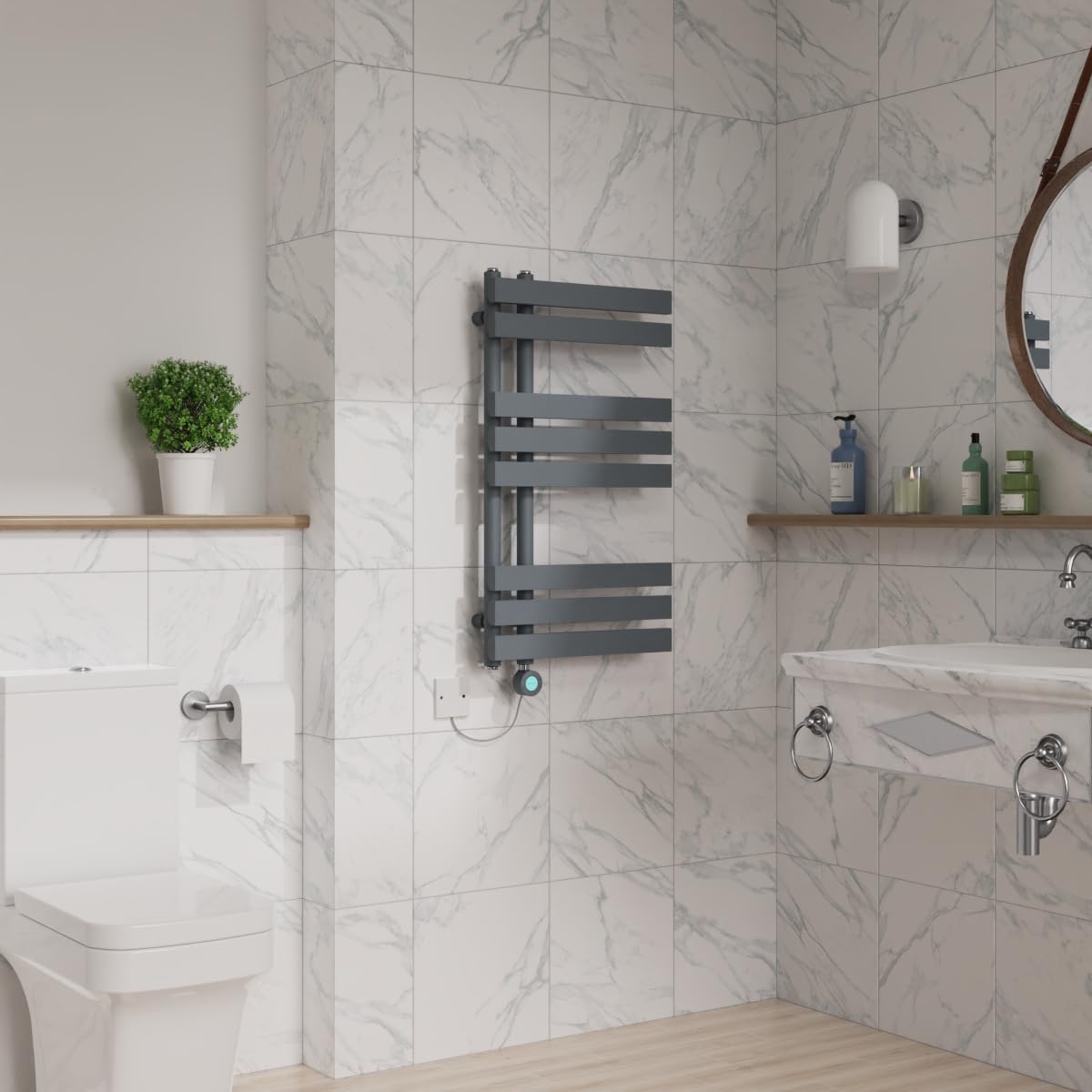 Warmehaus Designer Smart WiFi Thermostatic Electric Bathroom Heated Towel Rail Warmer Radiator with Timer D Shape Tube 800x450mm Sand Grey