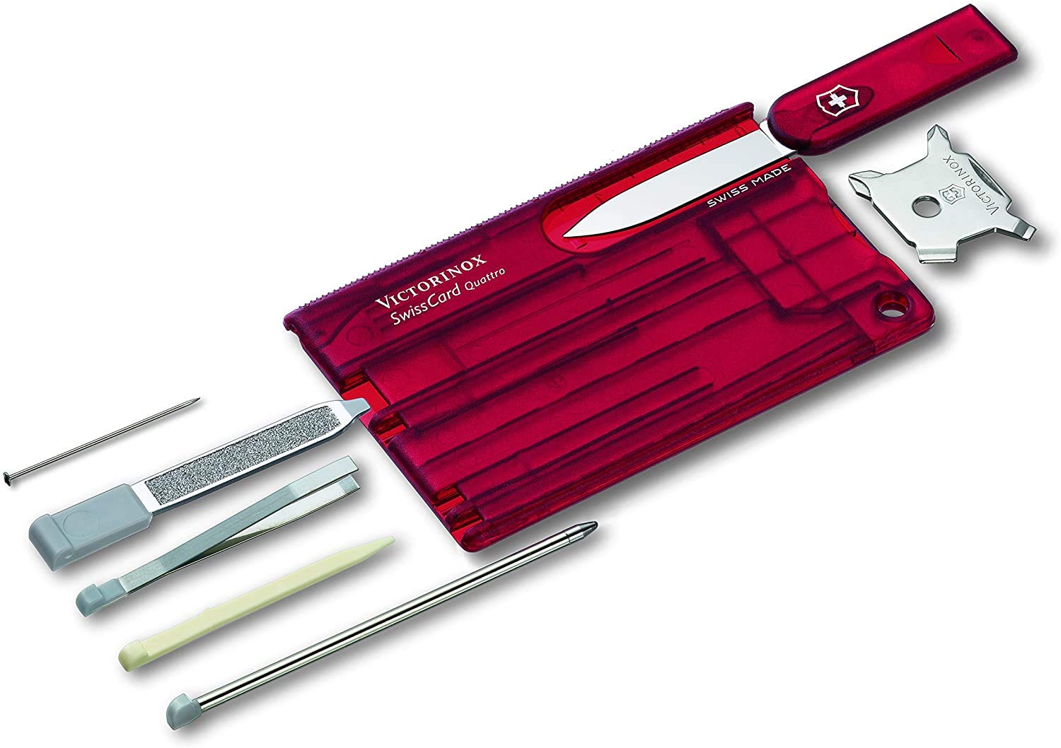 Victorinox Swiss Carte Quattro Avec Demande Impression I Cadeau pour Hommes I Cadeaux Pour Anniversaire I Suisse Couteau de Poche Personnalisé 12 Fonctions - 80x55 mm