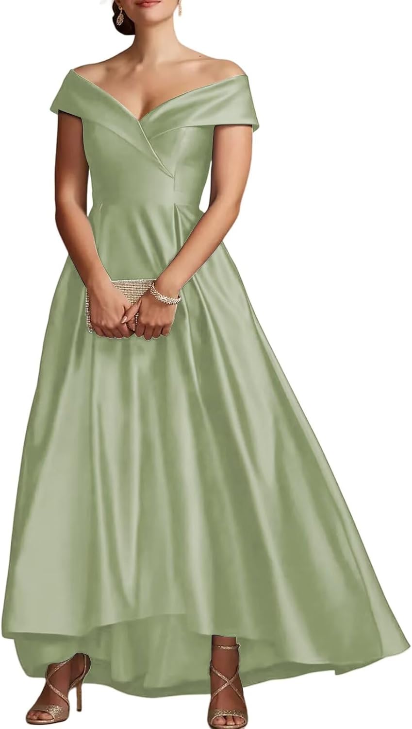 Satin Mother of The Bride Dresses for Women Ankle Length Off The Shoulder Wedding Guest Dress A Line Evening Gown