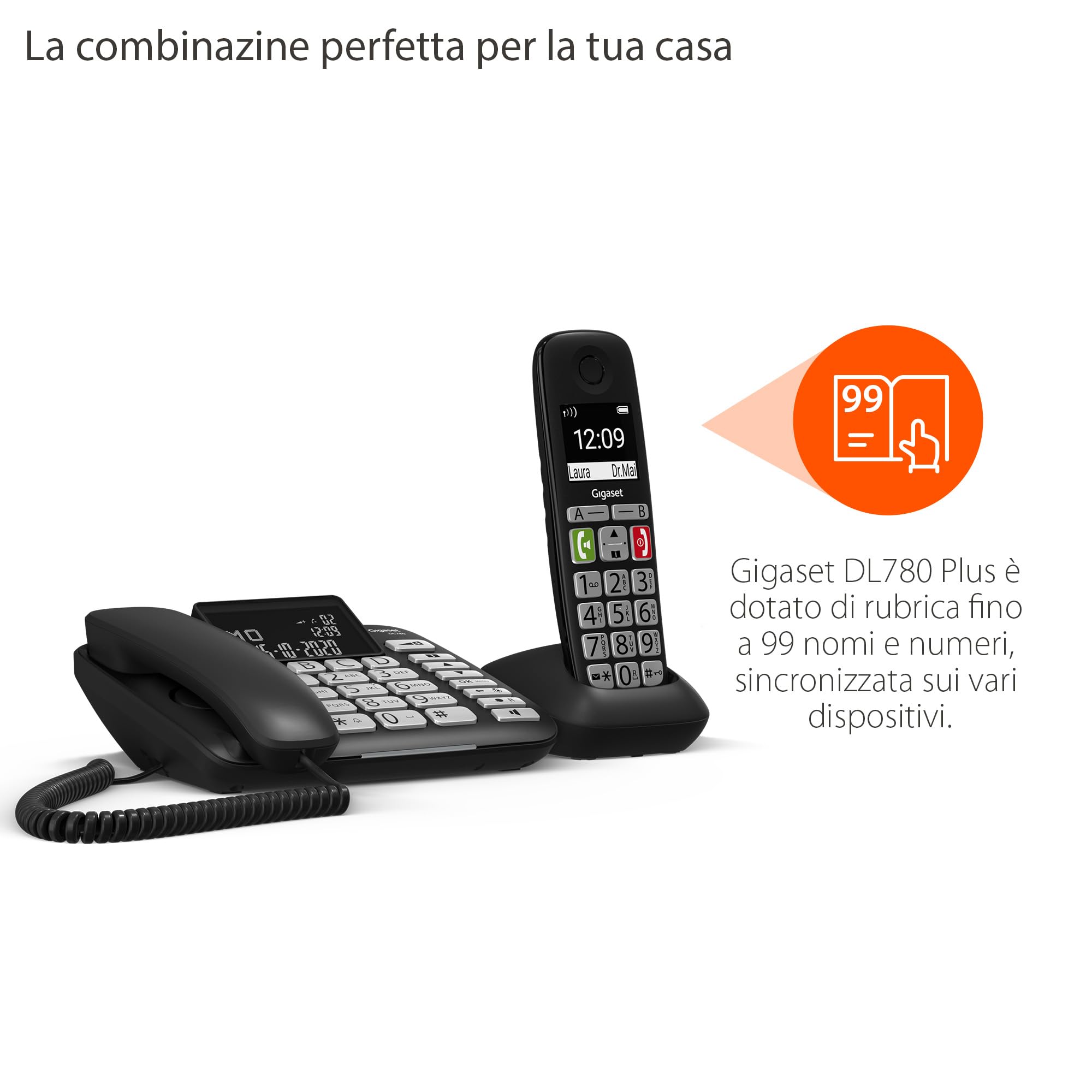 Gigaset DL780 Plus Telefono Fisso con Cornetta Cordless, Nero | Sincronizzazione chiamate, suonerie forti, [Versione Italiana]