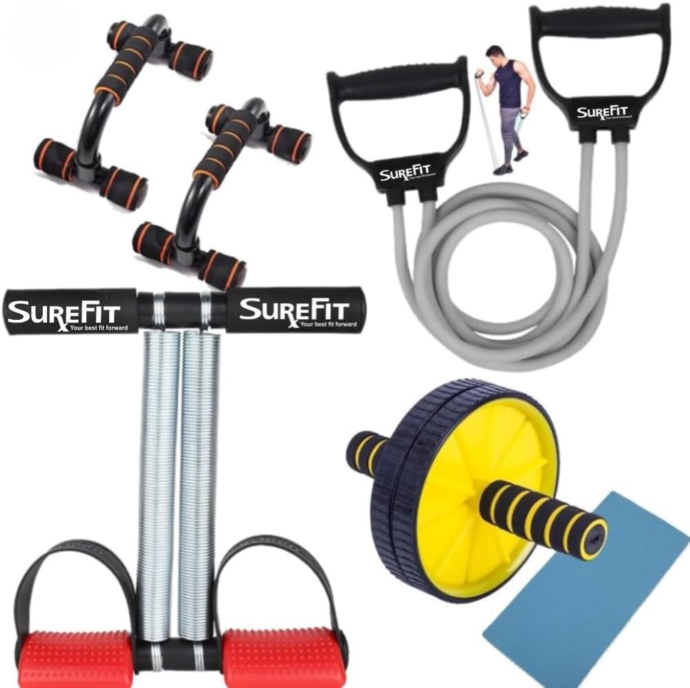 - 4-in-1 Home Gym Combo | Double Spring Tummy Trimmer, Resistance Toning Tube, Ab Roller & Push-Up Bar | Full Body Fitness Kit for Men & Women | Home Workout Set (RED)