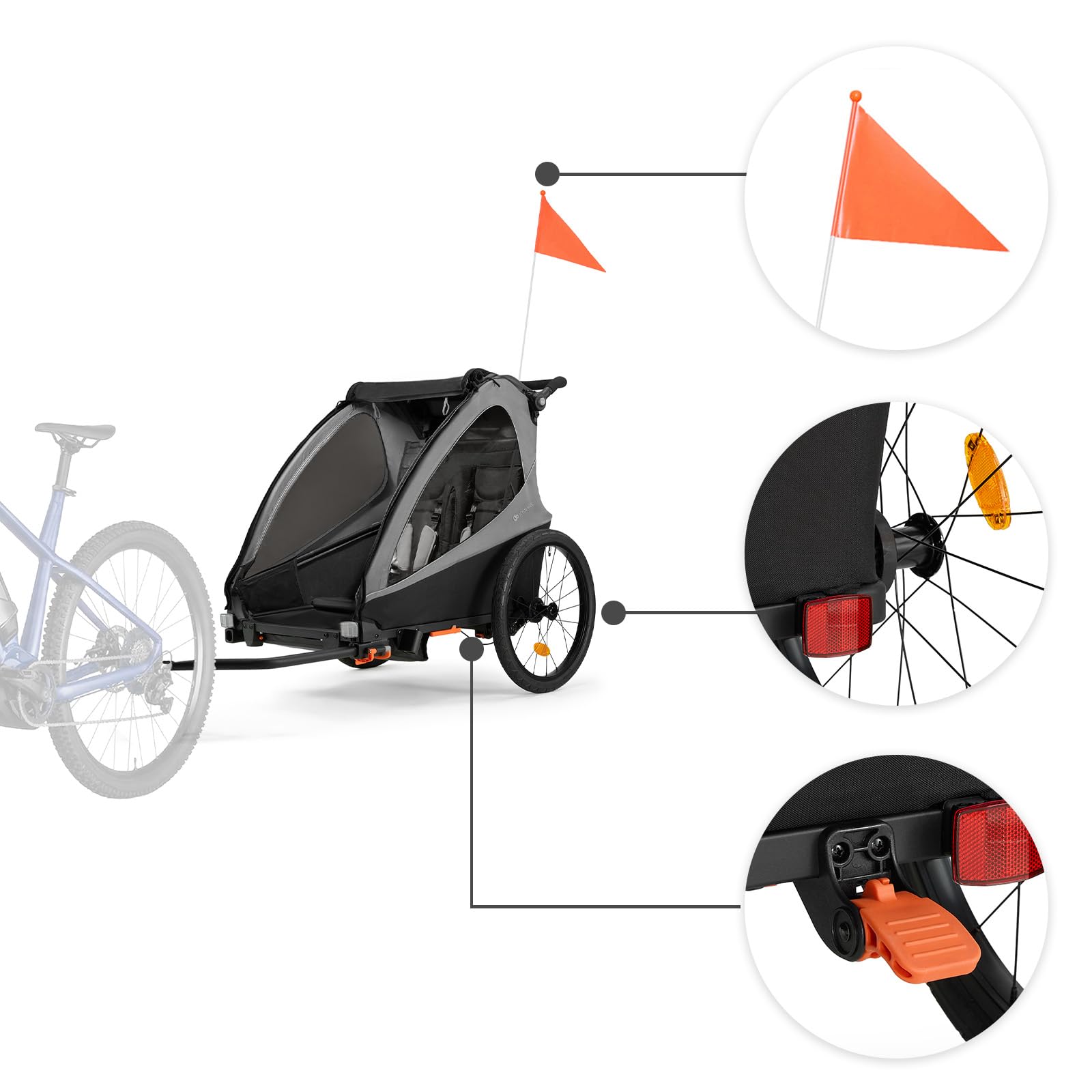 Kinderkraft NAVA Walk 2-in-1 Fahrradanhänger und Buggy für 2 Kinder, aufpumpbare Räder, verstellbare Federung, 9-Fach Verstellbarer Schiebegriff, UV-Schutz, Moskitonetz, wasserdicht, Grau