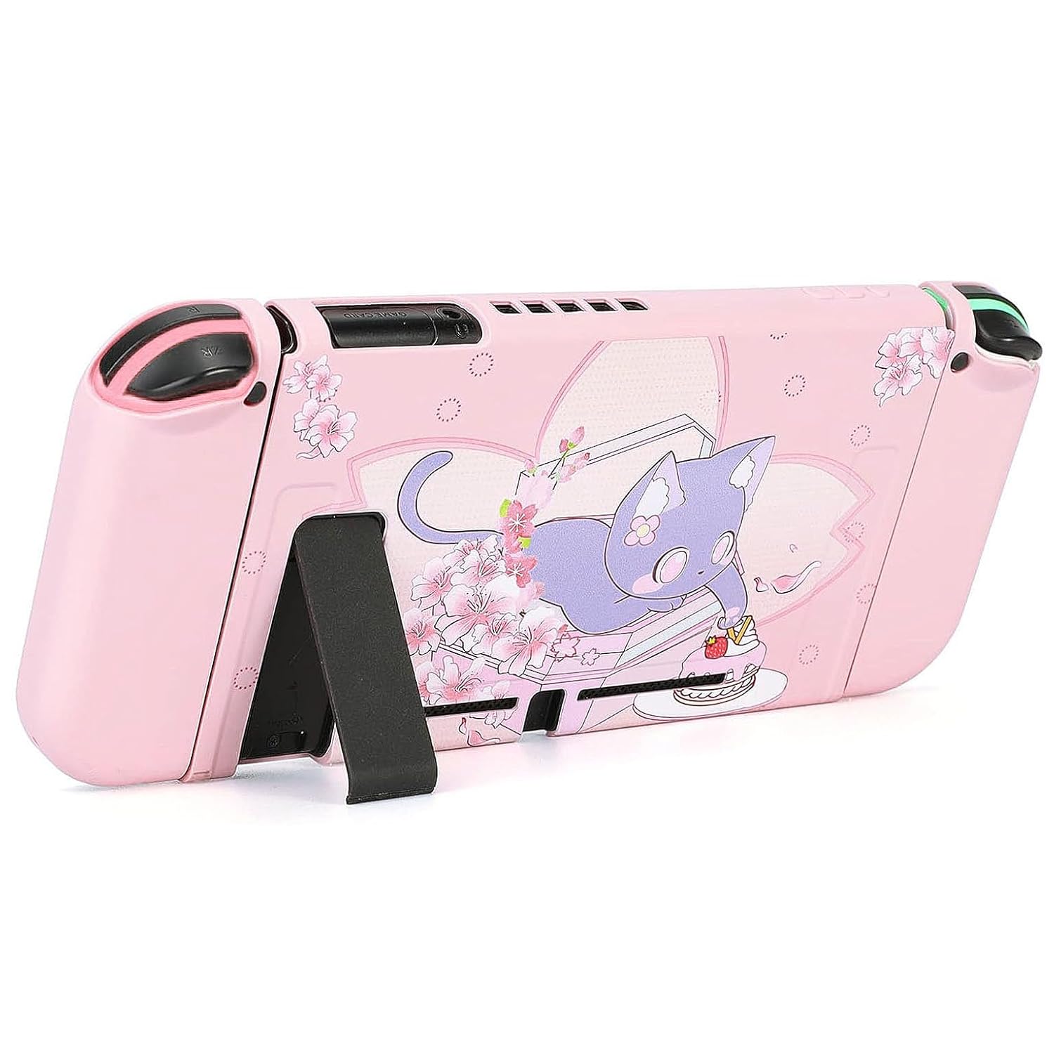 GamePals Cute Protective Shell for Switch, Soft Dockable Case for Nintendo Switch Console and Joycon with 2 Thumb Grips, Anti-Scratch Slim Cover, Sakura Cat (Pink) - Image 2