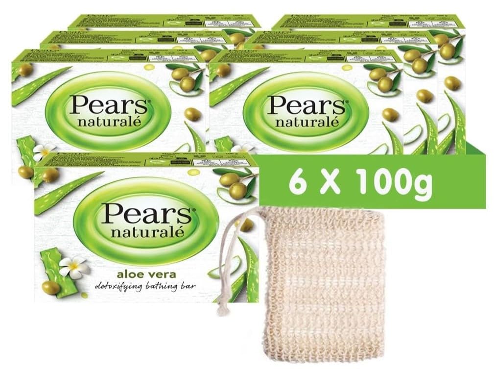 Pears Naturale Aloe Vera Soap Bars 100g 6 Pack + 1x Soap Bag, 100 g (Pack of 6)