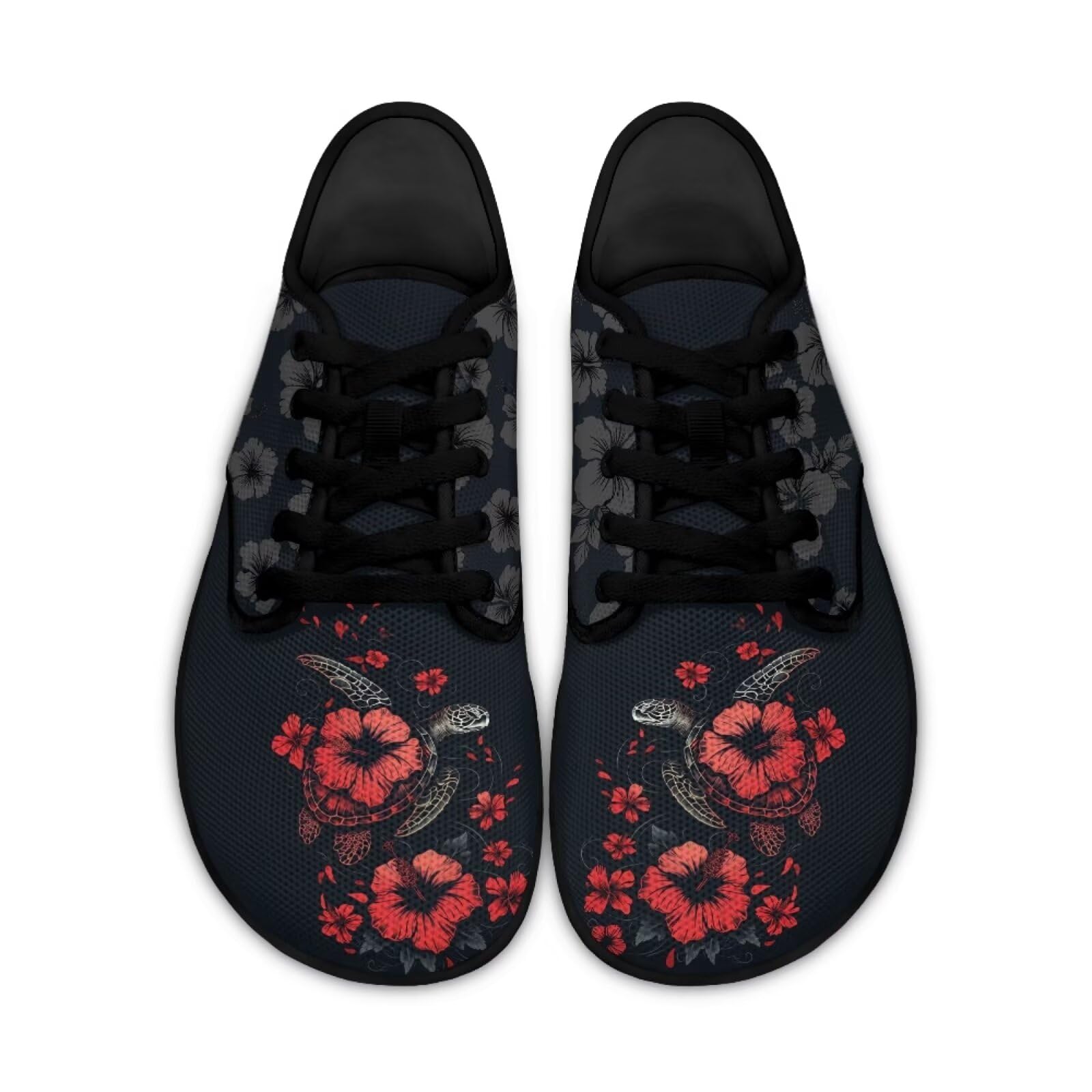 Binienty Sea Turtle Womens Barefoot Walking Shoes Hibiscus Print Running Athletic Trail Sneakers for Mens Teens Wide Toe Box Minimalist Zero Drop Shoes Daily Footwear, Size 6.5