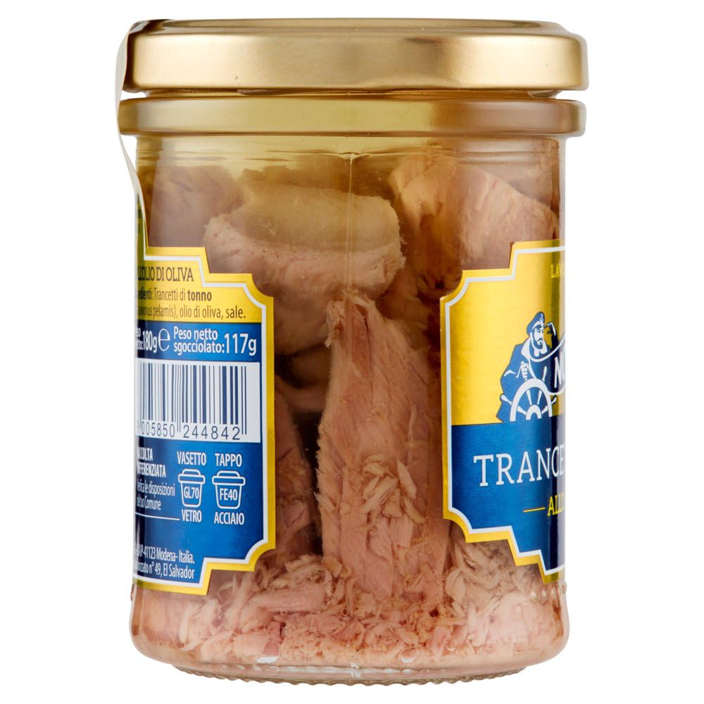 12x Nostromo Trancetti di Tonno all'Olio di Oliva,Pesce in Scatola,Barattolo Vetro da 180g + 1 Confezione di Talco Felce Azzurra in omaggio, Busta da 100g