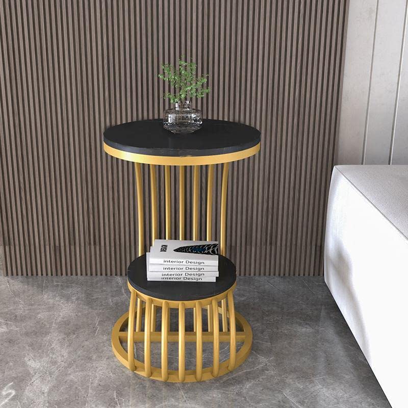 Image of Sofa Side Table Living Room 2-Tier Save Space Corner Table Bedroom Golden Wrought Iron Bedside Table Balcony Round Coffee Table-Black & Gold