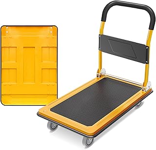 Platform Truck Push Dolly Platform Truck with Thicken Metal Chassis Foldable Handle Push Dolly and 4 Wheels for Home Office Transport Moving Hand Truck Cart Dolly (Color : Yellow)