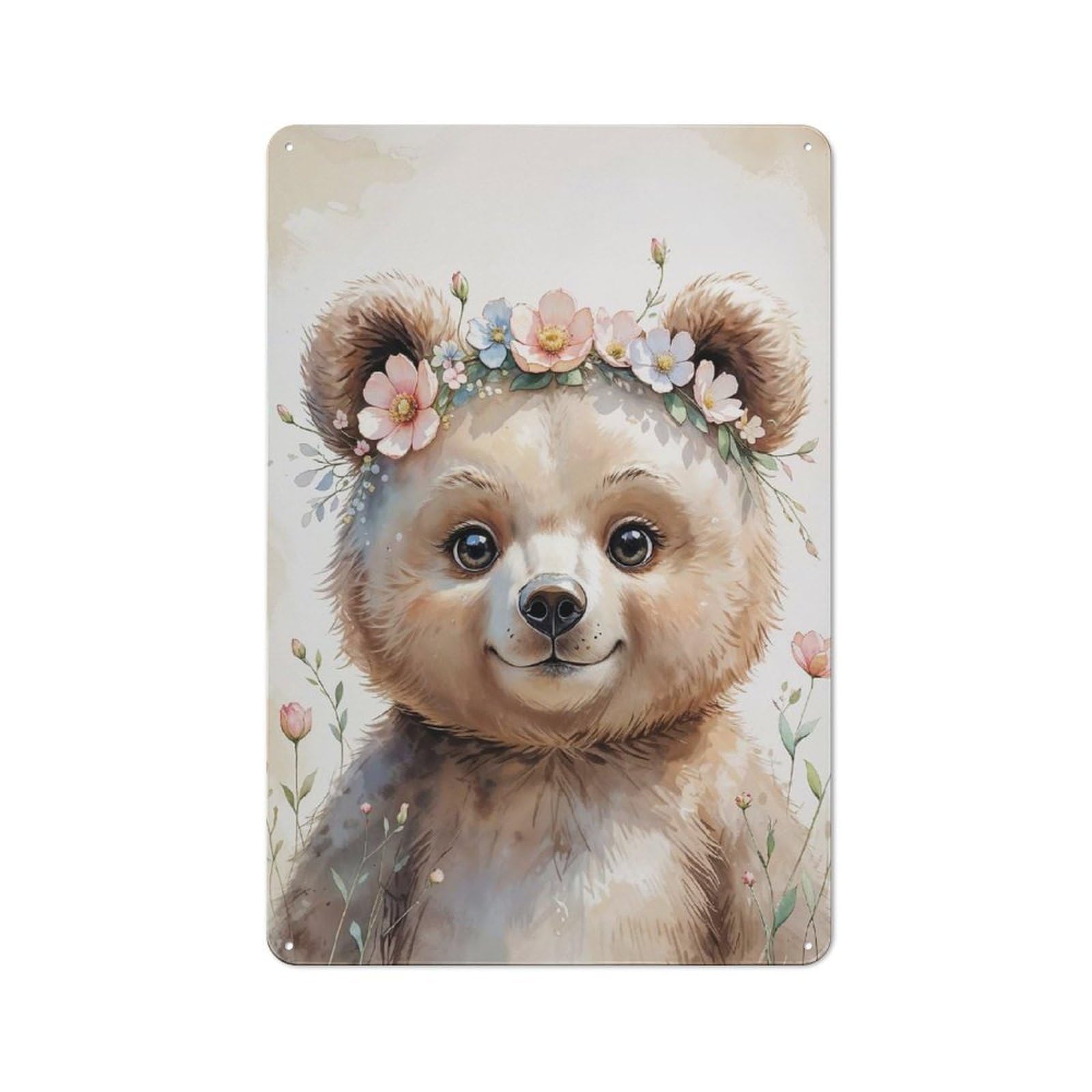 Junmoney Cute Bear With Flowers Watercolor Friendly Metal Wall Decor 30X20cm, Decorative Metal Plaque For Tea Room, Shop Wall Or Breakfast Area