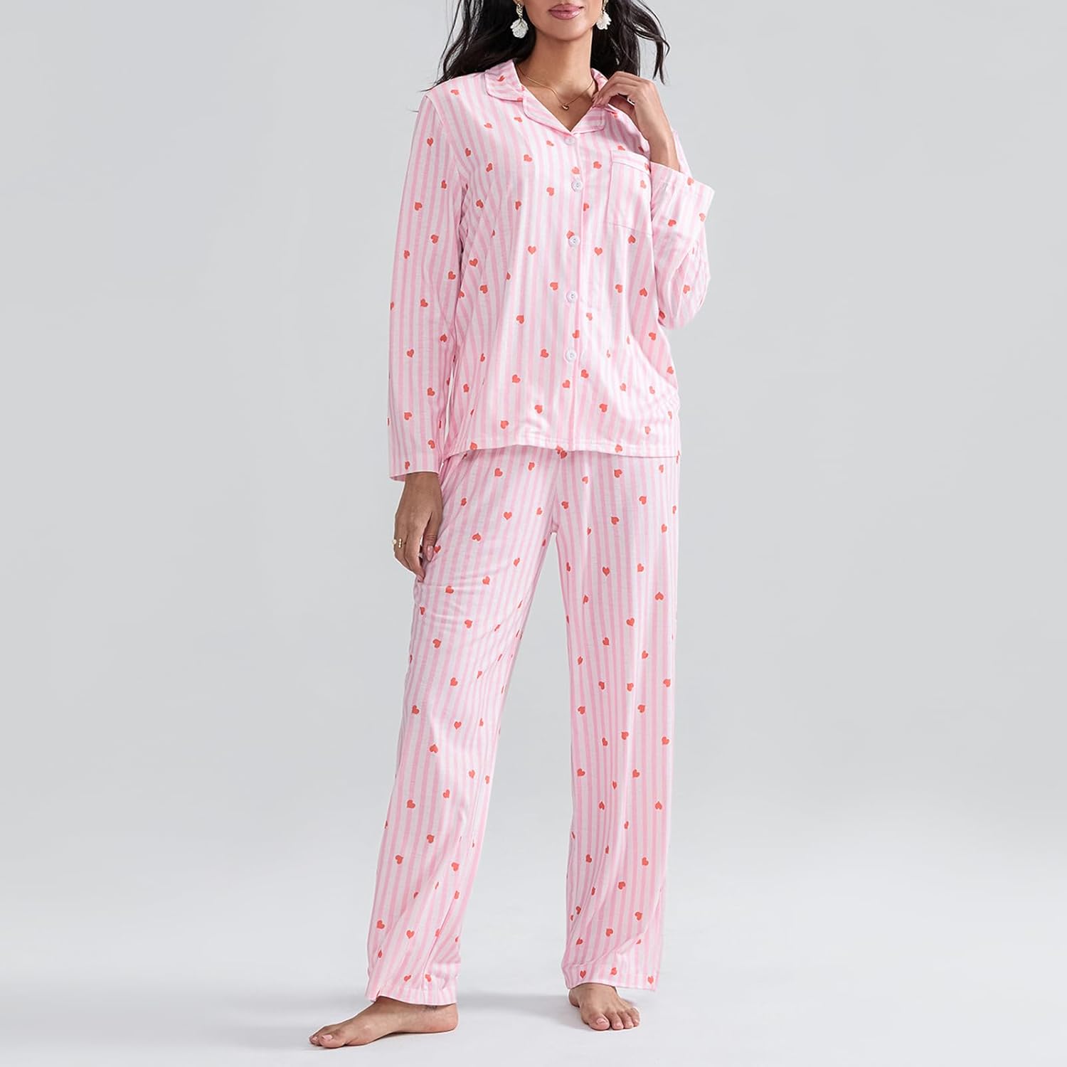 Women 2 Piece Valentine's Day Pajama Set Heart Print Long Sleeves Button Shirt and Elastic Pants Loungewear Sleepwear - Image 4