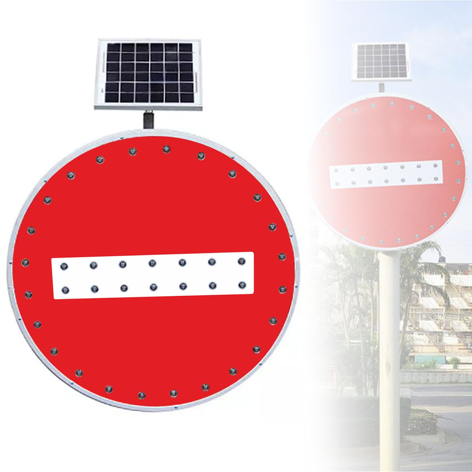 Señal de Prohibición de Paso Solar, 60cm/76cm Señal de Tráfico Redonda, Cumpliendo EN 12899-1, Señal LED Impermeable (Rojo, 76cm)