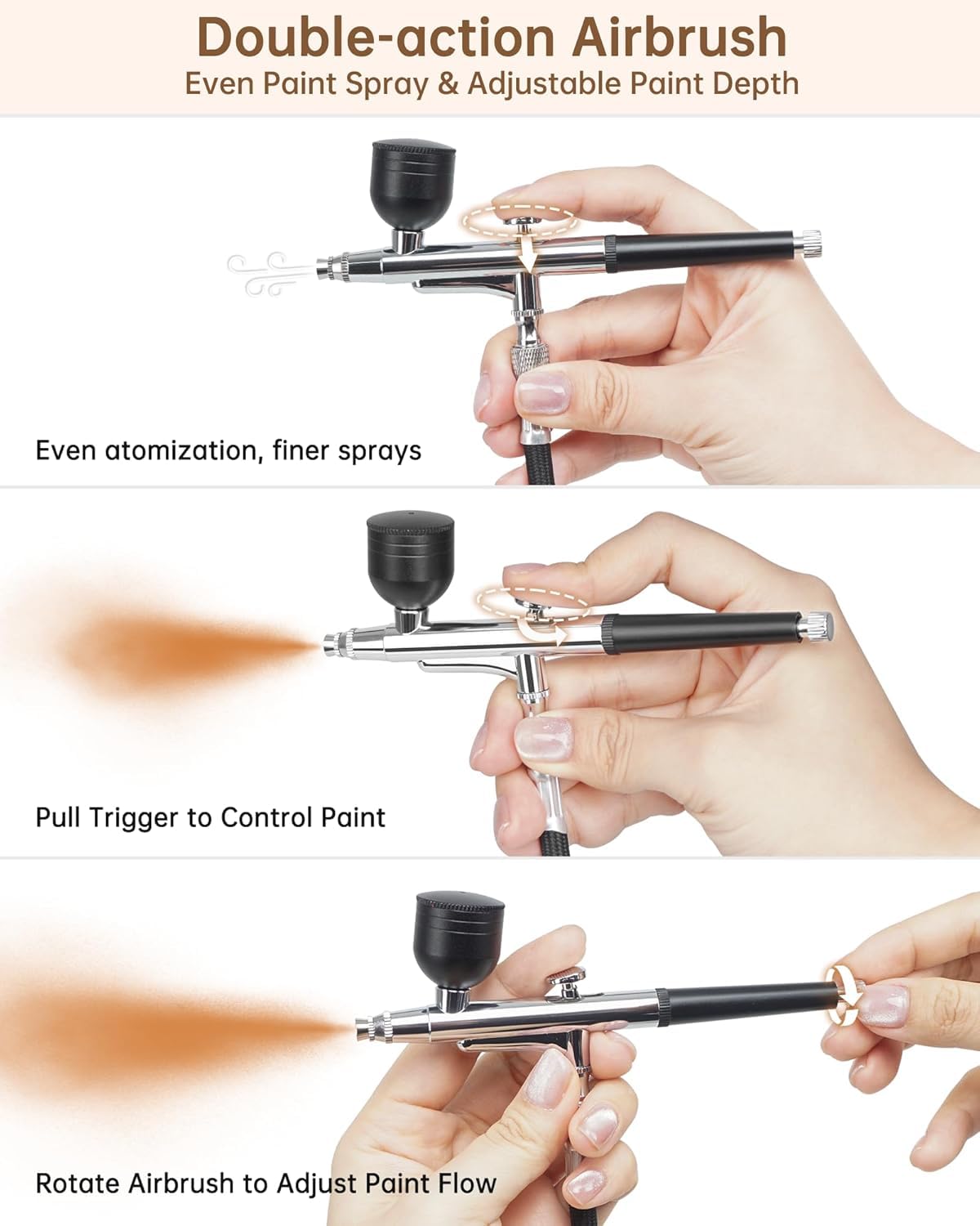 Kit de aerógrafo con compresor de aire, cepillo de aire de doble acción y doble flujo de aire de 50 PSI con boquilla de 0.2/0.3/0.5 mm, juego de pistola de aerógrafo para uñas, pintura, modelado