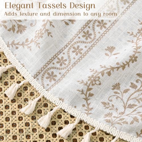 Image of Yinhua Boho Kitchen Curtains 36 Inch Length Vintage Linen Cafe Curtains Light Filtering Bohemian Floral Tier Rod Pocket Farmhouse Rustic Tassel Small Drapes with Tiebacks, 2 Panels, White Beige