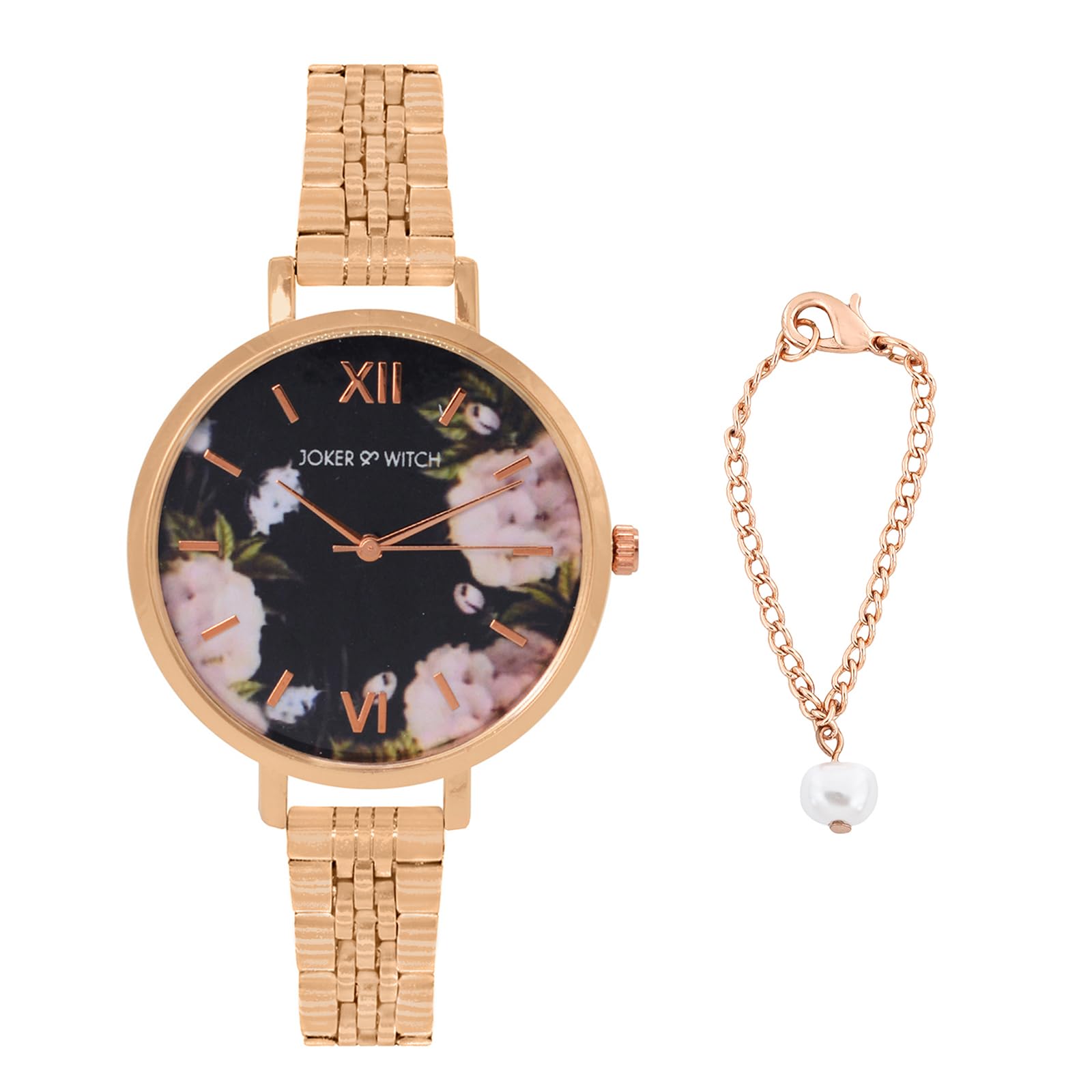 Joker & Witch Stainless Steel Women Floral Pearls Analog Watch & Charm Set, Black Dial, Rose Gold Band (B0C9PY8S8R) Amazon Price History, Amazon Price Tracker