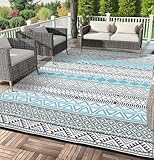 Garvee Outdoor Rug 9x18 Waterproo Large Outdoor Camping Rug Reversible Rv Patio Mats Black Gray Outdoor Plastic Straw Outdoor Rugs Clean Easily Large Patio Mat for RV, Deck, Camping, Blue + Gray