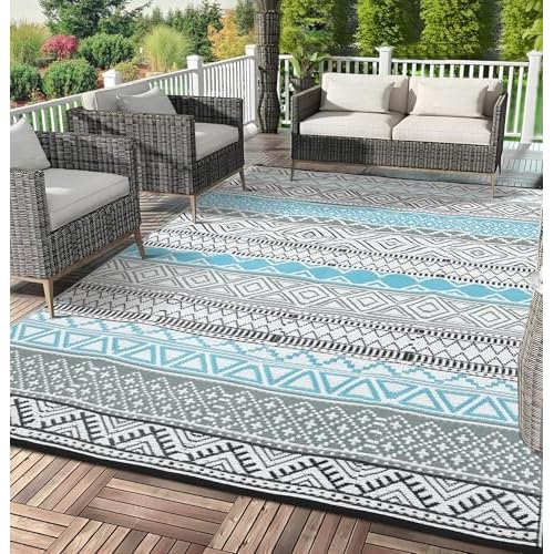 Garvee Outdoor Rug 6x9, Waterproof Patio Clearance Carpet for Outside, Reversible Outdoor Plastic Straw Camping Rug, UV Resistant Low Pile Deck Mat for Porch Yard Poolside, Easy Clean,Black
