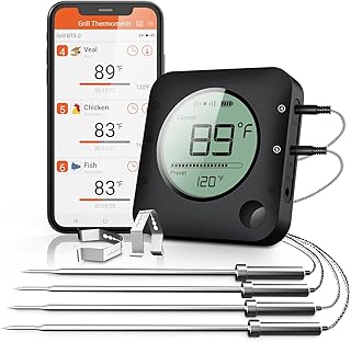BFOUR Bluetooth Meat Thermometer for Grilling, Wireless BBQ Thermometer with 4 Probes, Wireless Digital Thermometer for BBQ, Smoker, Grill, Oven, Cooking and Kitchen, Timer, Alarm