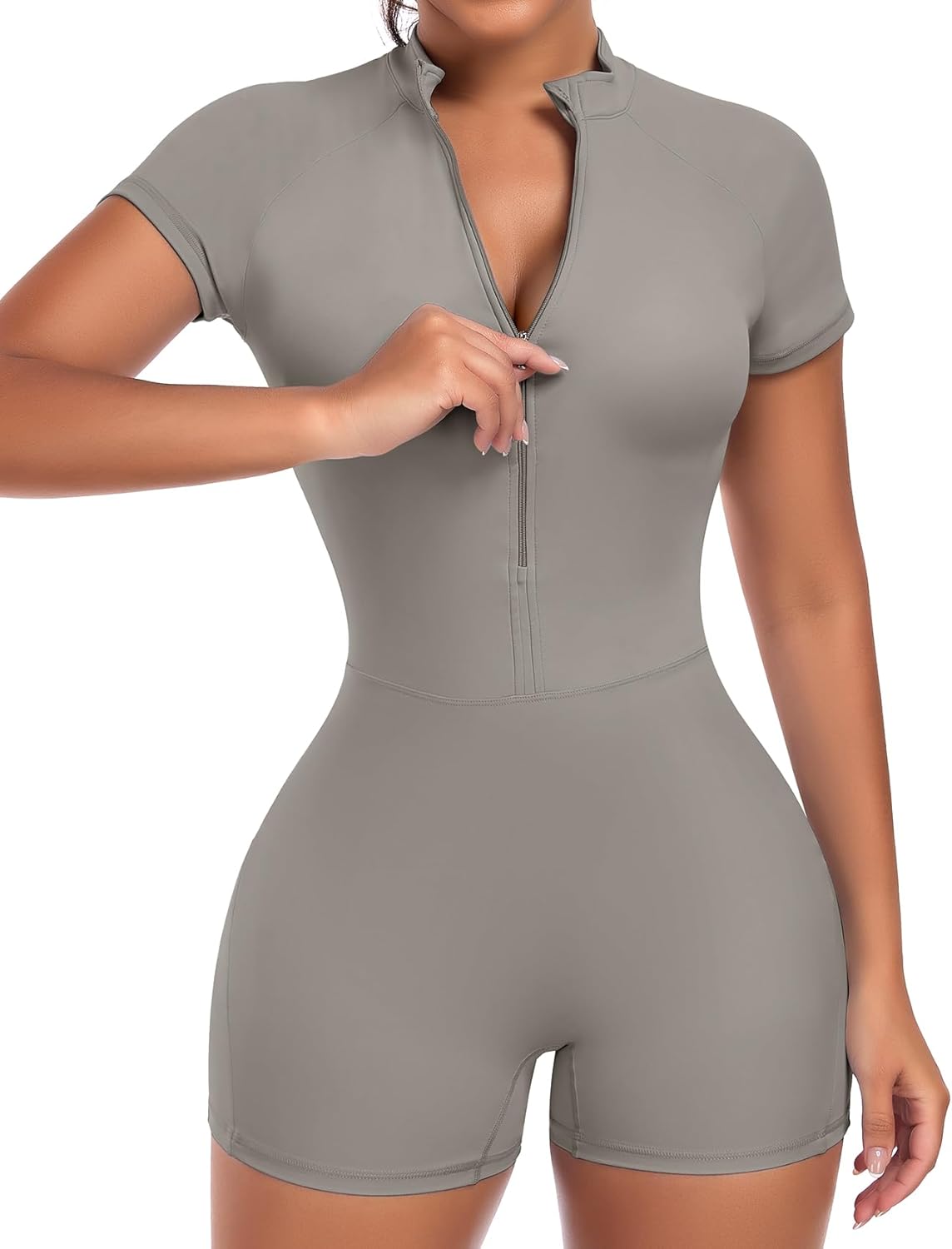 SEASUM Workout Jumpsuits for Women Zip Up Romper Open Back Bottom Short Sleeve Sexy Workout Bodysuit for Gym - Image 2