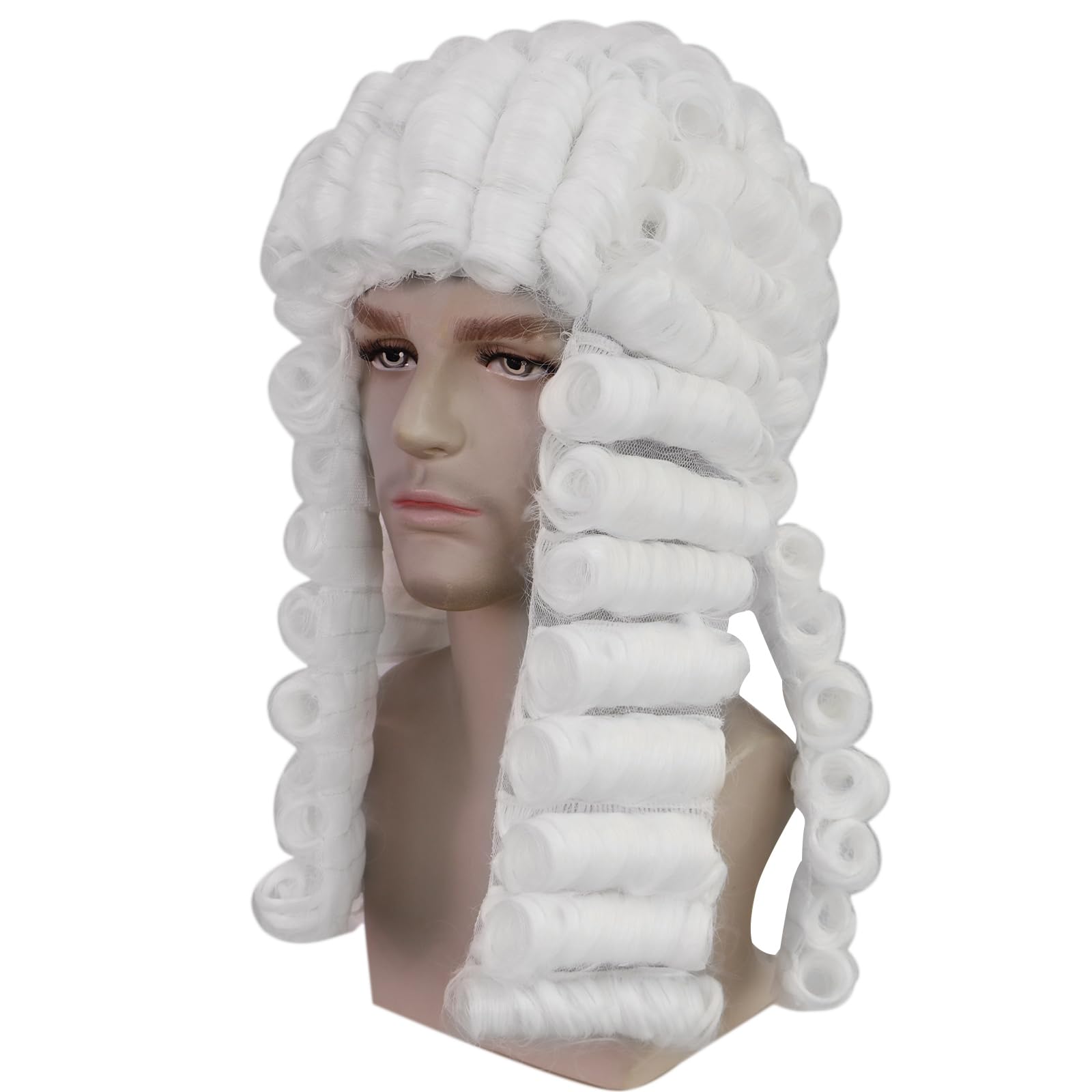 BECULINA Lawyer Wigs White Colonial Judge Wig with Hair Cap Long Curly Powdered Hair for Men Funny White Judge Wigs Peluca Blanca for Halloween Costume for Christmas Party - Image 3