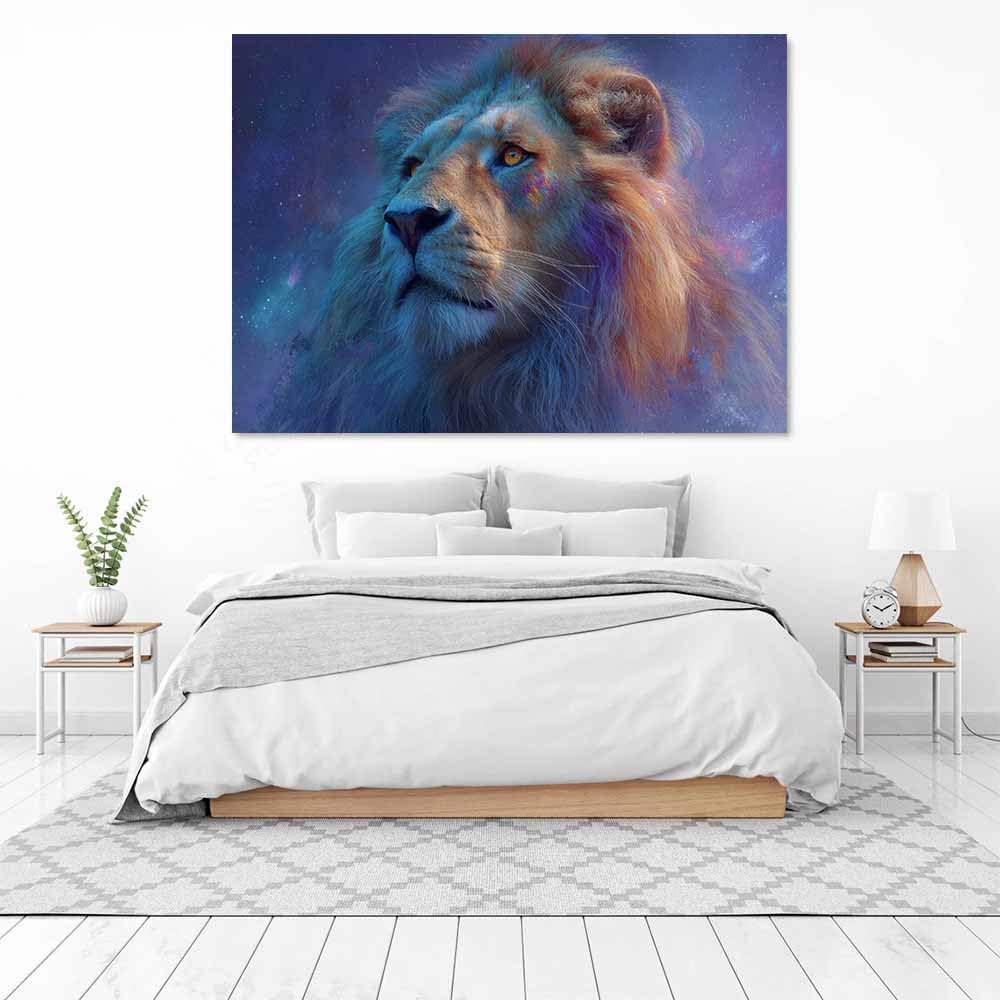 ZAMAEIU Zwierzęta lwy kontemplujące gwiazdy obraz dekoracyjny, odpowiedni do salonu, sypialni, pokoju dziecięcego (niebieski)-60 x 90 cm w ramie
