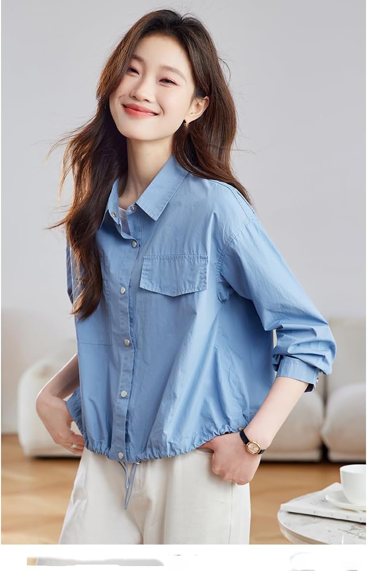 Womens Button Down Shirt Blue08 Cotton Spring Autumn V Neck Dress Shirt Work Blouse Tops for Women