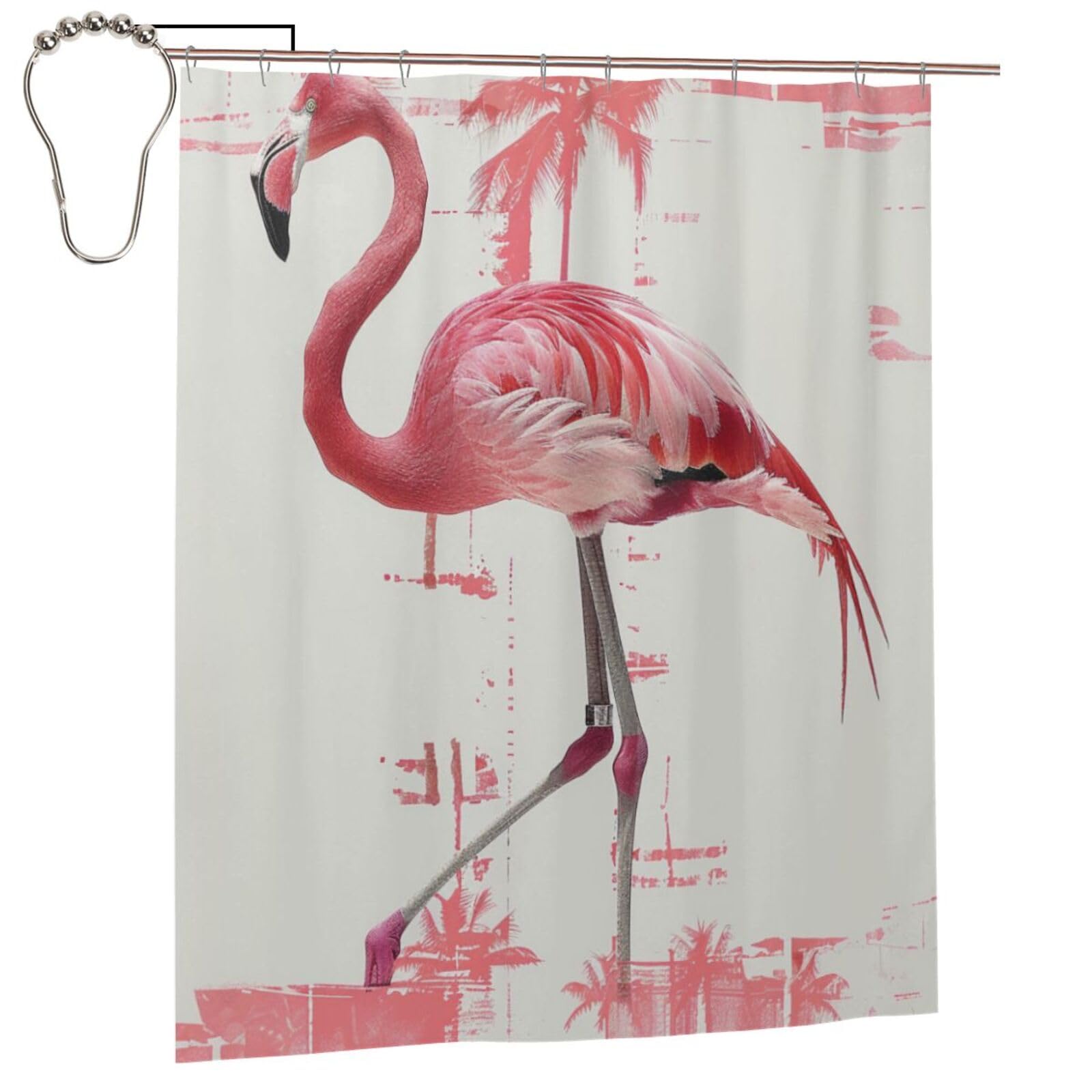 BWWHCCTI Flamingo Print Printed Shower Curtain With 12 Iron Hooks Opaque Quick Drying Waterproof Shower Curtains Sets For Bathroom 152x183 Cm