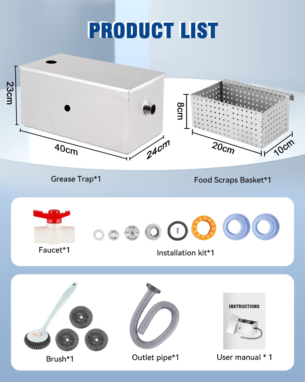 YUCHENGTECH Interceptor de Grasa Comercial 22L Separador de Grasa de Acero Inoxidable Separador de Agua y Aceite Trampa de Grasa para Cocina, Cantina, Restaurante 40x24x23cm