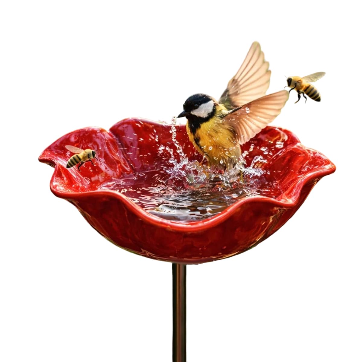 Metal Flower Garden Stake Bird Bath, Handmade Bee & Butterfly Watering Station for Outdoor Yard, Pollinator Drinker with Colourful Petals, Weatherproof Garden Decor (Red)