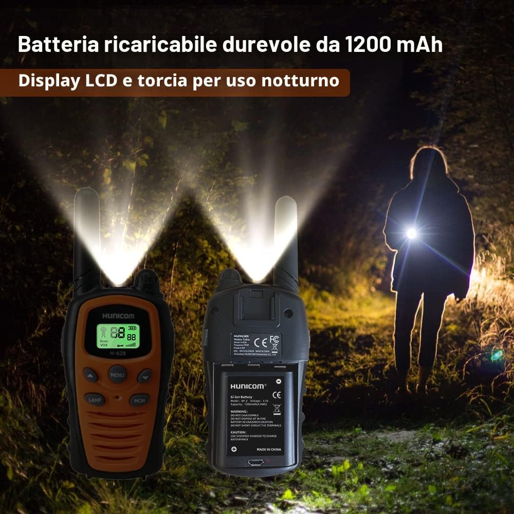 Walkie Talkie per adulti ricetrasmittente, radio a grande raggio, PMR, VOX, con vivavoce, 5 km, con torcia, LED di retroilluminazione (Arancione + batteria ricaricabile)