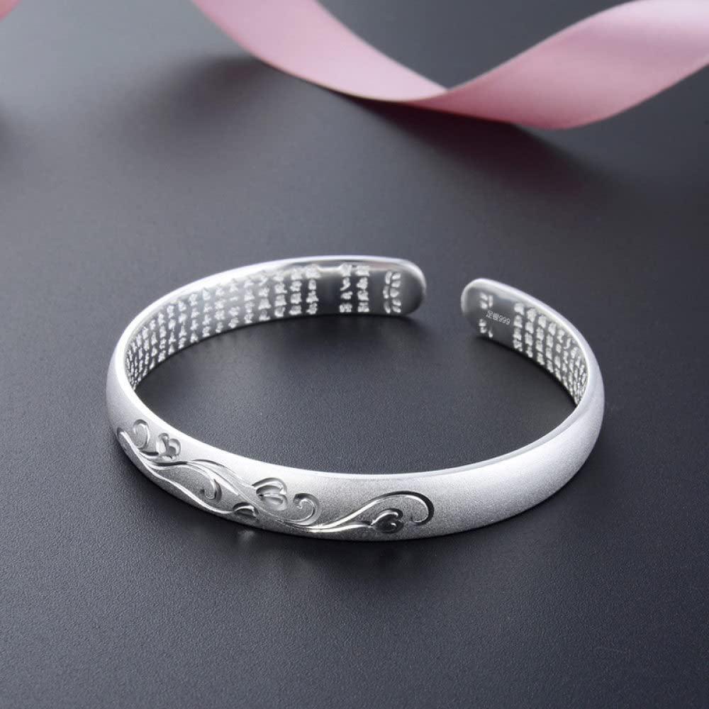 Armband Damen Silber,S999 Silberarmband Frosted Carved Heart Sutra Open Cuff Armreif Freundschaftsarmbänder Sterling Silber Schmuck Für Frauen Geschenk Freundin Frau