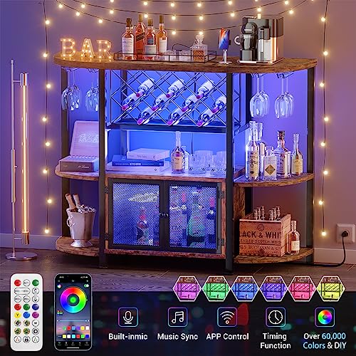 Unikito Freestanding Wine Bar Cabinet With Led Lights And Power Outlets, Industrial Coffee Bar Cabinet For Liquor And Glasses, Liquor Bar Cabinet With Mesh Door, Bar Table With Wine Rack, Rustic Brown #TOP3